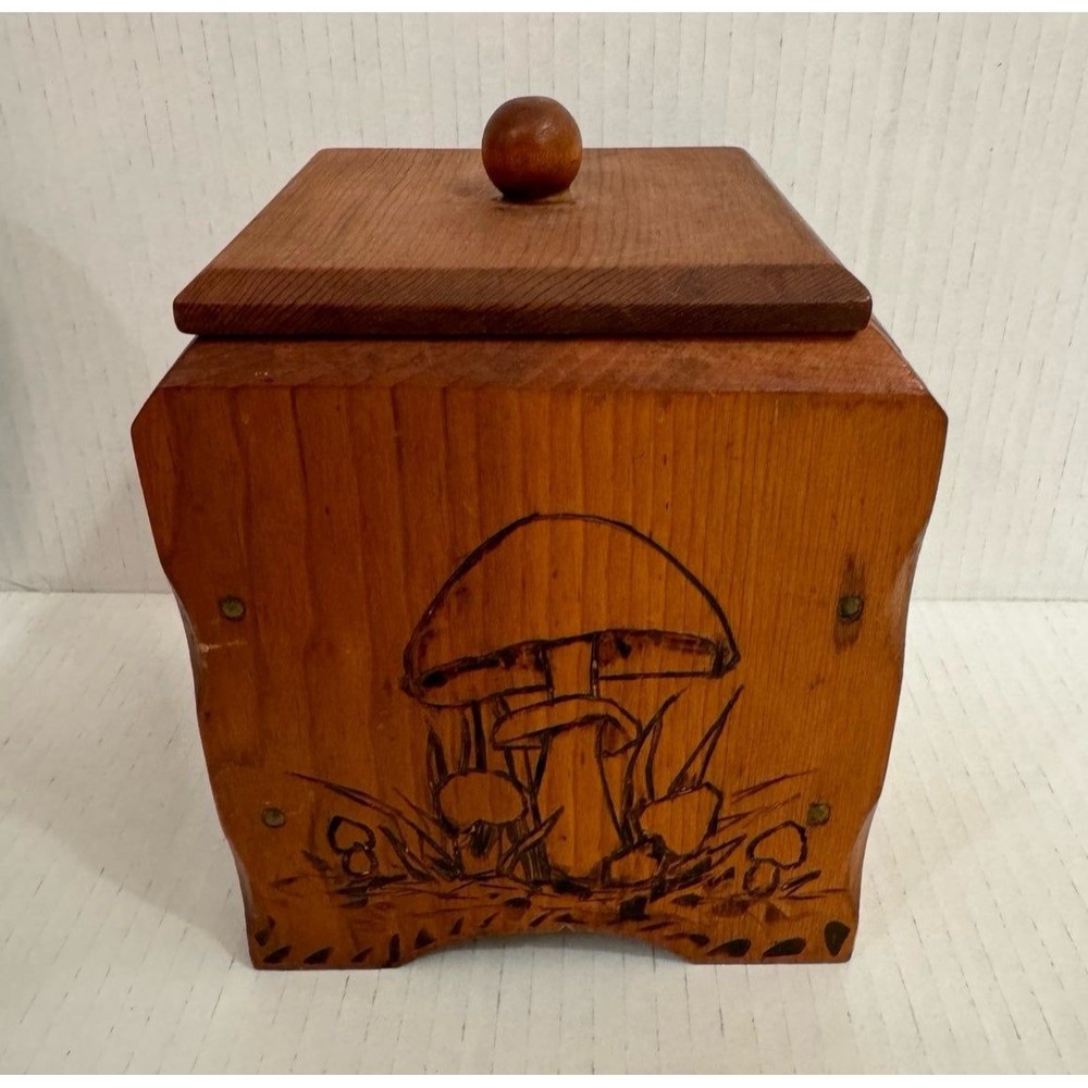Vintage mushroom handmade merry wooden carved box containers tea sugar with lids